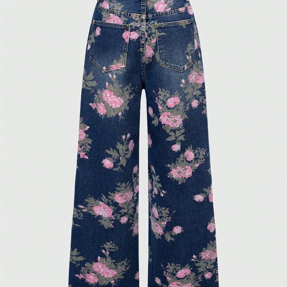 Blue Casual Women's Floral Print Washed Loose Baggy Flared Jeans - Picture 2 of 5